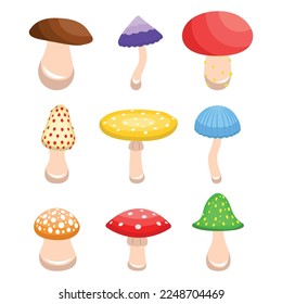 Set of edible and poisonous mushrooms in cartoon style. Vector illustration of colored various mushrooms isolated on white background.