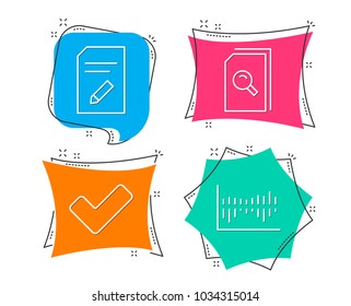 Set of Edit document, Tick and Search files icons. Column diagram sign. Page with pencil, Confirm check, Magnifying glass. Sale statistics.  Flat geometric colored tags. Vivid banners. Vector