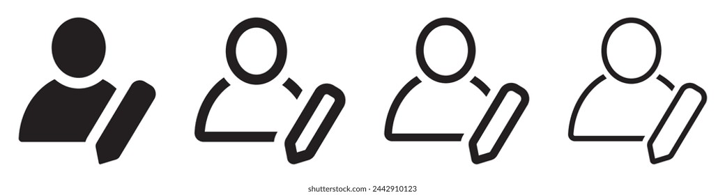 Set of edit profile icons. Edit user info, user modify. Member profile symbol, man and pen or pencil. Account editing, vector.