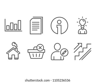 Set of Edit user, Delete purchase and Education icons. Copy files, Report diagram and Stairs signs. Profile data, Remove from basket, Human idea. Copying documents, Financial market, Stairway. Vector