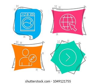Set of Edit user, Internet and Washing machine icons. Forward sign. Profile data, World web, Laundry service. Next direction.  Flat geometric colored tags. Vivid banners. Trendy graphic design. Vector