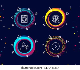 Set of Edit user, Internet and Washing machine icons. Forward sign. Profile data, World web, Laundry service. Next direction.  Circle banners with line icons. Gradient colors shapes. Vector