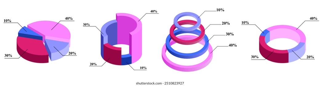 set of editable 3 dimension pie circular circle diagram infographics collection charts ,corporate report ,data presentation graphic UI, UX, KIT elements. annual statistics