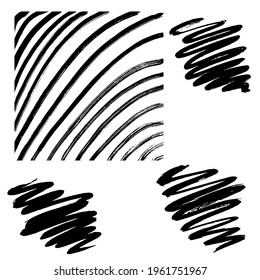 Set with editable abstract brush strokes and decorative square striped frame isolated on white background. Vector illustration.