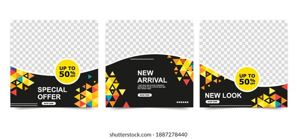 Set of editable advertising banners in black and yellow colors. Abstract minimalistic square templates for social media posts, mobile apps and internet advertising.