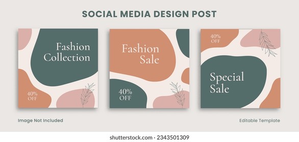 Set of Editable Aesthetic Social Media Instagram Design Post Decorated with Blob and Floral Object. Suitable for Advertising, Personal Post, Branding Product Beauty, Fashion, Feminine