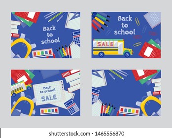 Set of editable back to School horizontal flyers. Vector design templates on blue background in flat style.