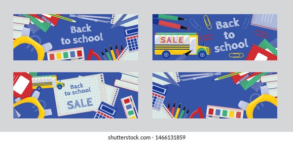 Set of editable back to School horizontal banners. Vector design templates on blue background in flat style.