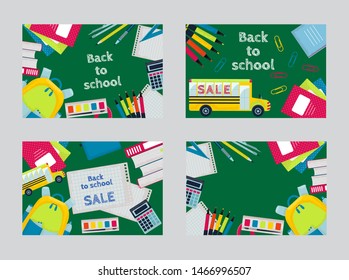 Set of editable back to School horizontal flyers. Vector design backgrounds in flat style.