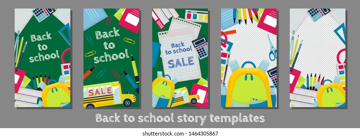 Set Of Editable Back To School Story Templates For Social Networks. Vector Design Backgrounds In Flat Style.