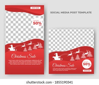 Set of editable banner design. Silhouette of santa claus and deer. Christmas sale post template with photo collage. Usable for social media, banner and web internet ads.