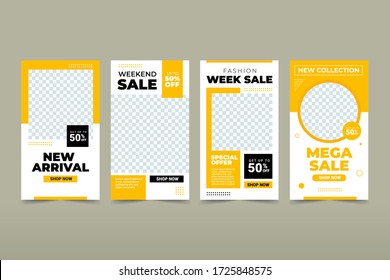 Set of Editable banner instagram story template. Black and yellow background color with stripe line shape. Suitable for social media stories post and web mobile ads. Vector with photo college