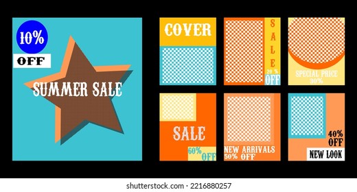 Set of Editable banner template. Blue, orange and yellow background color. Suitable for social media post. Vector illustration. Memphis style.