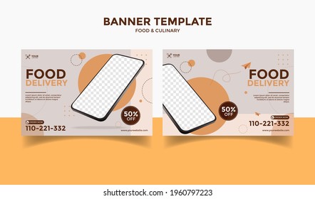 Set of Editable  banner template design for food post on instagram. Suitable for Social Media Post restaurant and culinary digital Promotion. with phone and soft background color