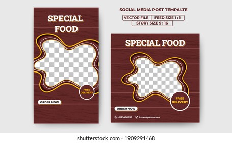 Set of Editable banner template for food promotion. Abstract yellow frame line with a brown color background. Flat design vector with a photo collage. Usable for social media feed, story, and banner.