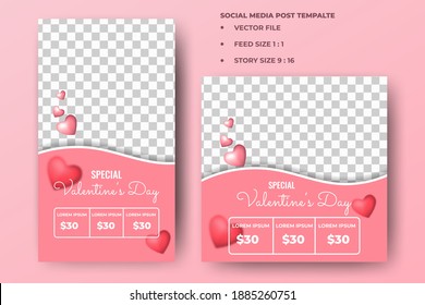 Set of Editable banner template. Valentine's day sale banner design. Pink background with love decoration. Suitable for social media feed, story, and internet ads. Vector design with a photo collage.