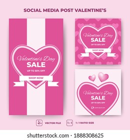 Set of Editable banner template. Valentine's sale social media post design. Pink background with love decoration. Suitable for social media feed, story, and banner. Vector design with a photo collage.