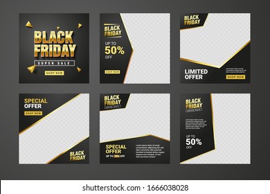 Set Of Editable Black Friday Banner Template. Black And Gold Background Color With Stripe Line Shape. Suitable For Social Media Post And Web Internet Ads. Vector Illustration With Photo College