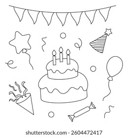 A set of editable black and white icons for a birthday or holiday.