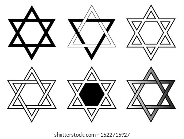 Set of editable black and white Star of David vectors, the religious symbol of Judaism, a six-pointed star.