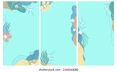 Set of editable blue backgrounds wist flowers for social media stories. Vector pattern. Template for networks