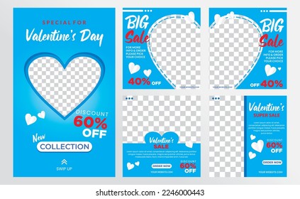 Set of Editable blue square banners template. Valentine's day sale banner design with love decoration. Suitable for social media feed, story, banner, and web. Flat design vector with a photo.