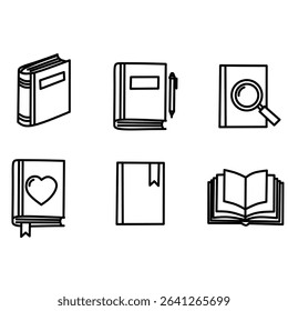 Set of editable book icons in outline and filled styles, including various book shapes, symbols like hearts and pens, and an open reading book. Suitable for academic designs, library websites,