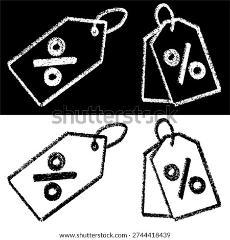 Set editable chalk drawing discount tag vector for thrift store signs. Ideal for symbolizing vintage clearance sales, school fundraiser promotions, and chalkboard bargain deals.