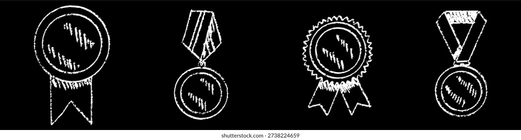 Set editable chalk drawing medal icon vector for educational themes. Ideal for chalkboard designs, school achievements, and academic awards. Symbolizes student success, learning, and recognition.