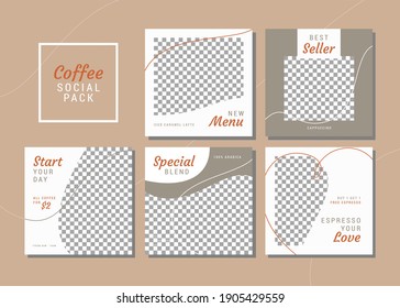 Set of editable clean and simple square banner template for social media. Coffee shop theme.