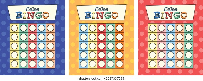 Set of editable color bingo cards template without numbers. Set of lottery tickets for American bingo game. Bright templates with multicolored, dots in background. Vector illustration