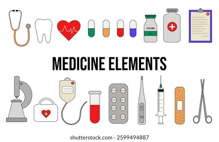 Set of editable colored medical elements, multicolored medical icons