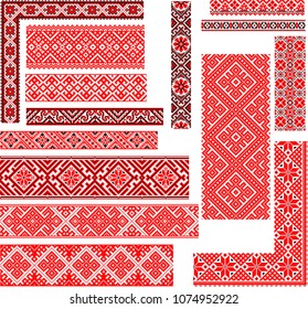 Set of editable colorful seamless ethnic patterns for embroidery stitch. Borders and frames