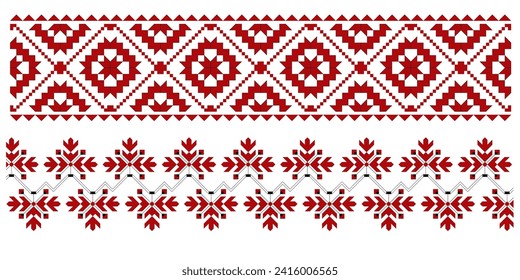 Set of editable colorful seamless ethnic Ukrainian traditional cross stitch patterns for embroidery stitch. Floral and geometric ornaments. svg