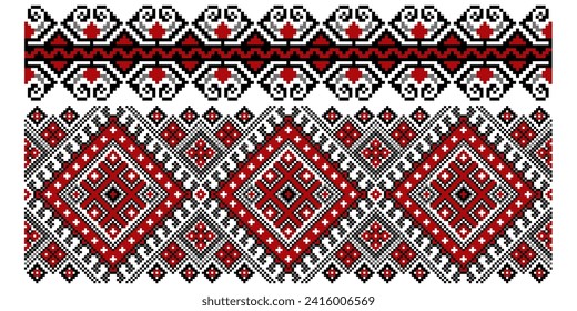 Set of editable colorful seamless ethnic Ukrainian traditional cross stitch patterns for embroidery stitch. Floral and geometric ornaments. svg