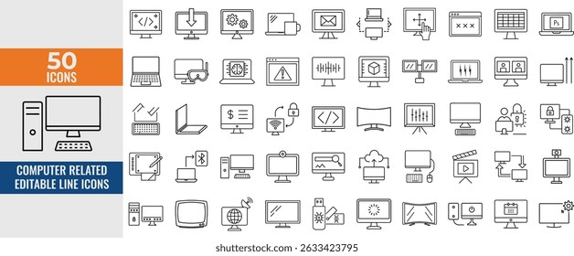 Set of Editable Computer and Laptop Line Icons. PC, Monitor and Computing Symbols