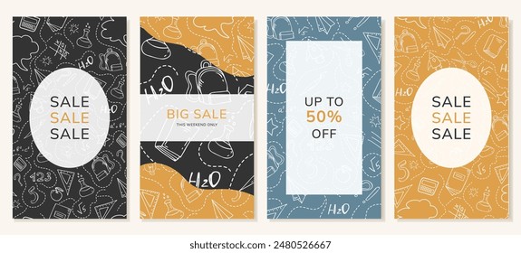 A set of editable cover templates for social media posts on a school theme with school supplies. Vector
