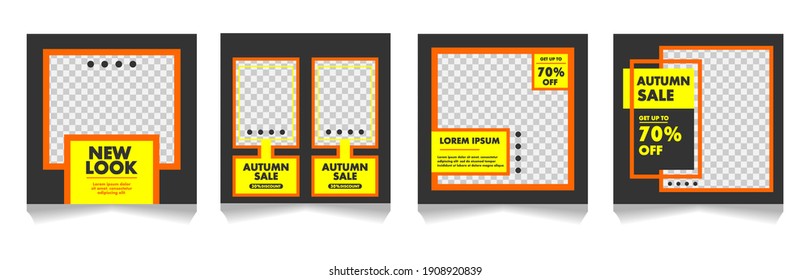 Set of editable creative templates for social media. Minimal square banner template. Social Media feed with grey, orange, yellow. Discount promo. Vector illustration with photo collage.