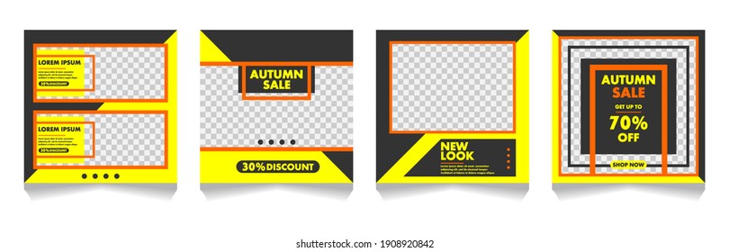 Set of editable creative templates for social media. Minimal square banner template. Social Media feed with grey, orange, yellow. Discount promo. Vector illustration with photo collage.