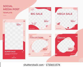 Set of Editable cute minimalist square banner template. Red and Pink background color with waves lovly nature shape. Suitable for social media post and web internet ads