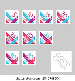 Set of editable discount labels with percent symbols. Geometric simplicity - universal design for web shops, printed stickers, tags, price labels, badges, coupons, flyers etc.