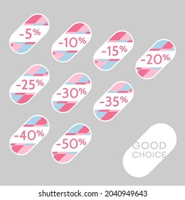 Set of editable discount labels with percent symbols. Geometric simplicity - universal design for web shops, printed stickers, tags, price labels, badges, coupons, flyers etc.