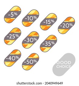 Set of editable discount labels with percent symbols. Geometric simplicity - universal design for web shops, printed stickers, tags, price labels, badges, coupons, flyers etc.