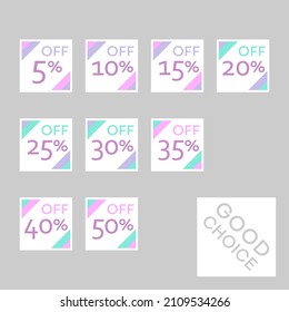 Set of editable discount labels with percent symbols. Geometric simplicity - universal design for web shops, printed stickers, tags, price labels, badges, coupons, flyers etc.