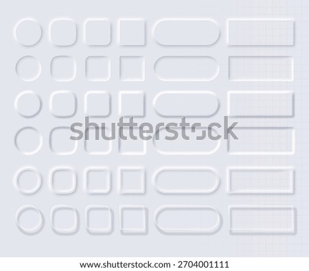 Set of editable, elegant buttons in neomorphism and liquid glass styles. Design elements for website navigation, app navigation, and mobile menus, isolated on a light background. Vector 3D