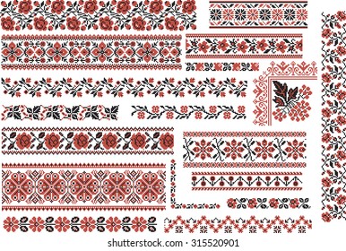 Set of editable ethnic patterns for embroidery stitch in red and black. Floral motives.