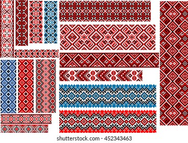 Set of editable ethnic patterns for embroidery stitch in red and black colors