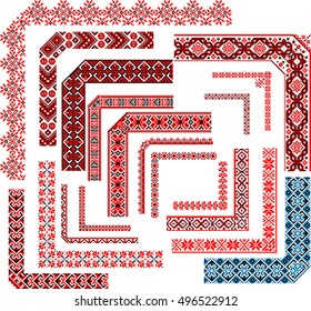 Set of editable ethnic patterns for embroidery stitch. Corners, frames, seamless borders.