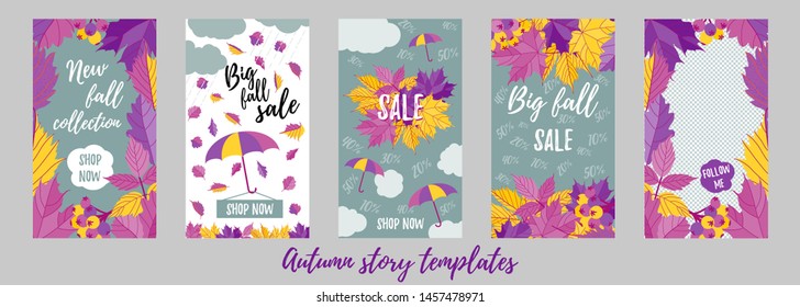 Set of editable fall story templates for social networks. Vector autumn design backgrounds.