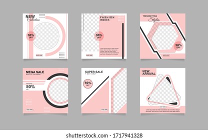 Set of editable fashion sale social media post design template. Layout with frame square banner for add content photo promotion, marketing, stories, and branding. Vector pink color for woman product